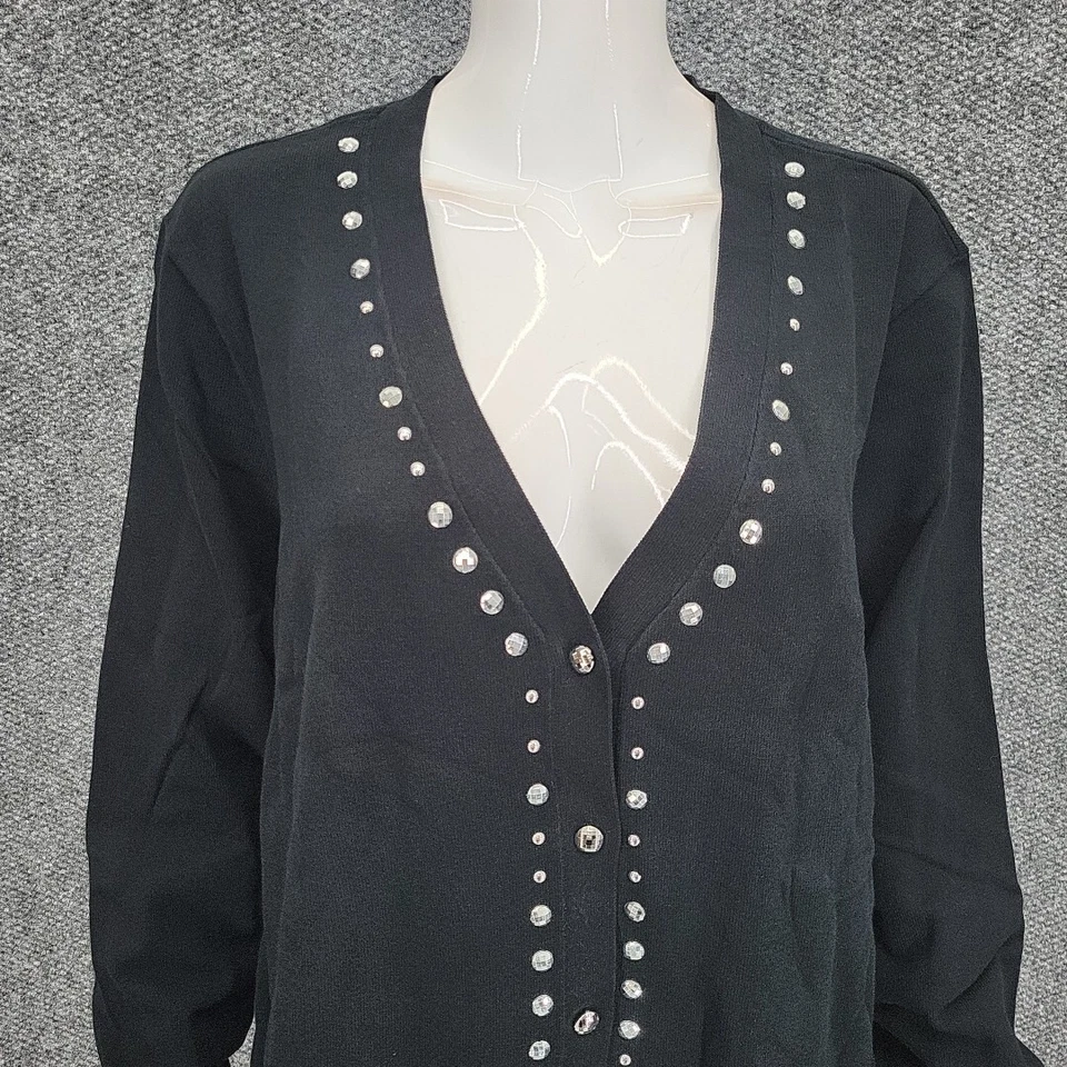 Dennis Basso Womens Embellished Button Front Dressy Cardigan 3X Plus Size Black - Image 4 of 4