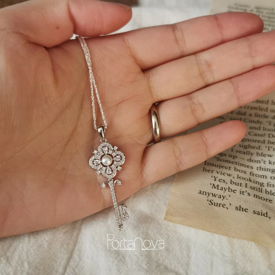 Collana catenina pendente argento 925 chiave donna perla zircone zirconi pearl - Immagine 4 di 4