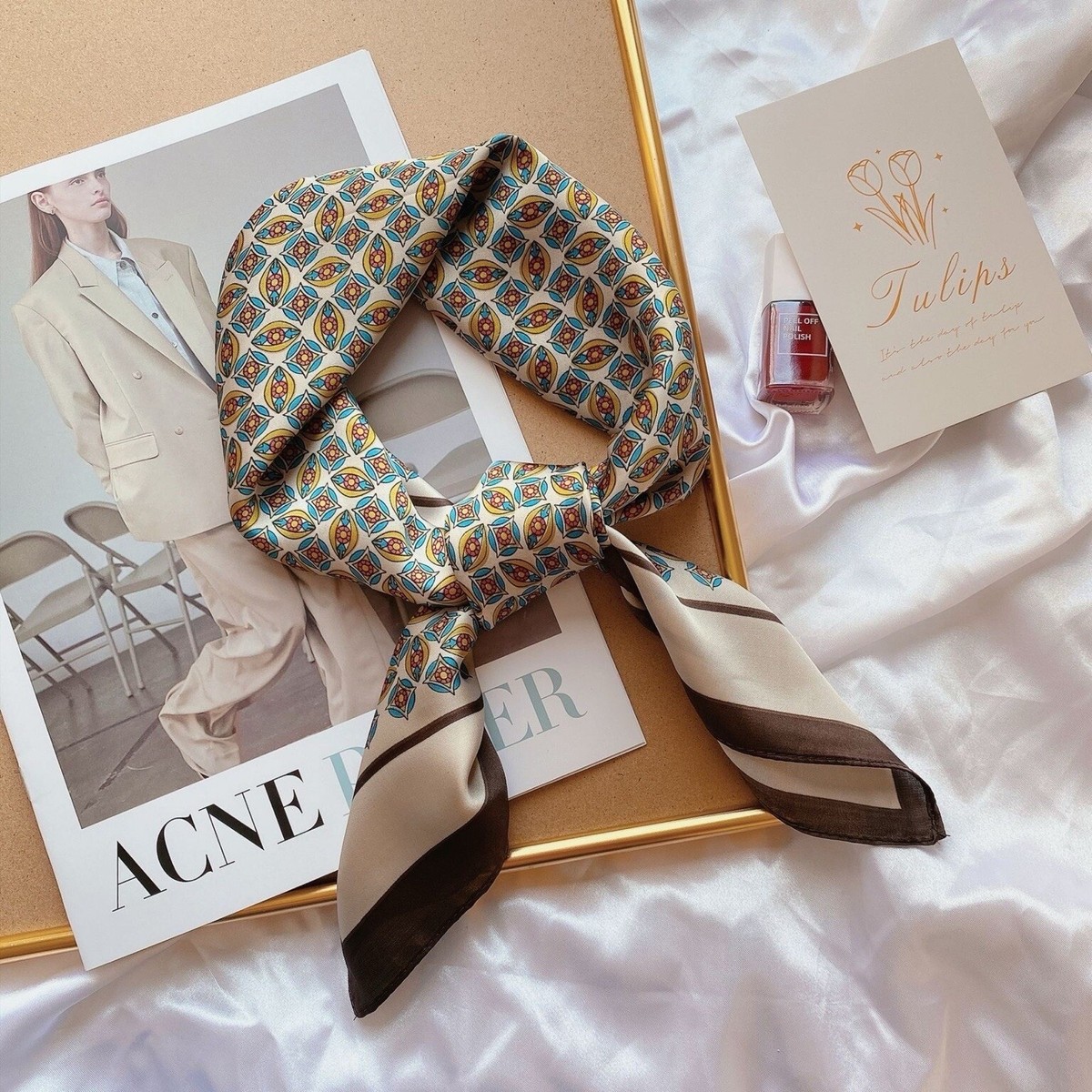 Retro Geometric Satin Scarf Beige with Multicolour Print