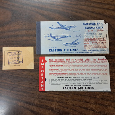 2 Items 1950's Eastern Airlines & 1945 TWA Passenger Receipt