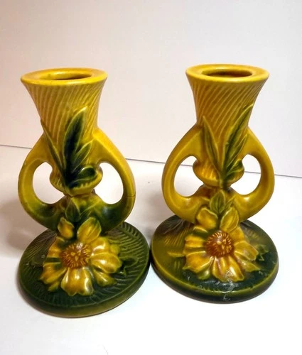 Vintage Roseville Pottery Peony Candleholders 1152 – Matching Pair, Art Deco