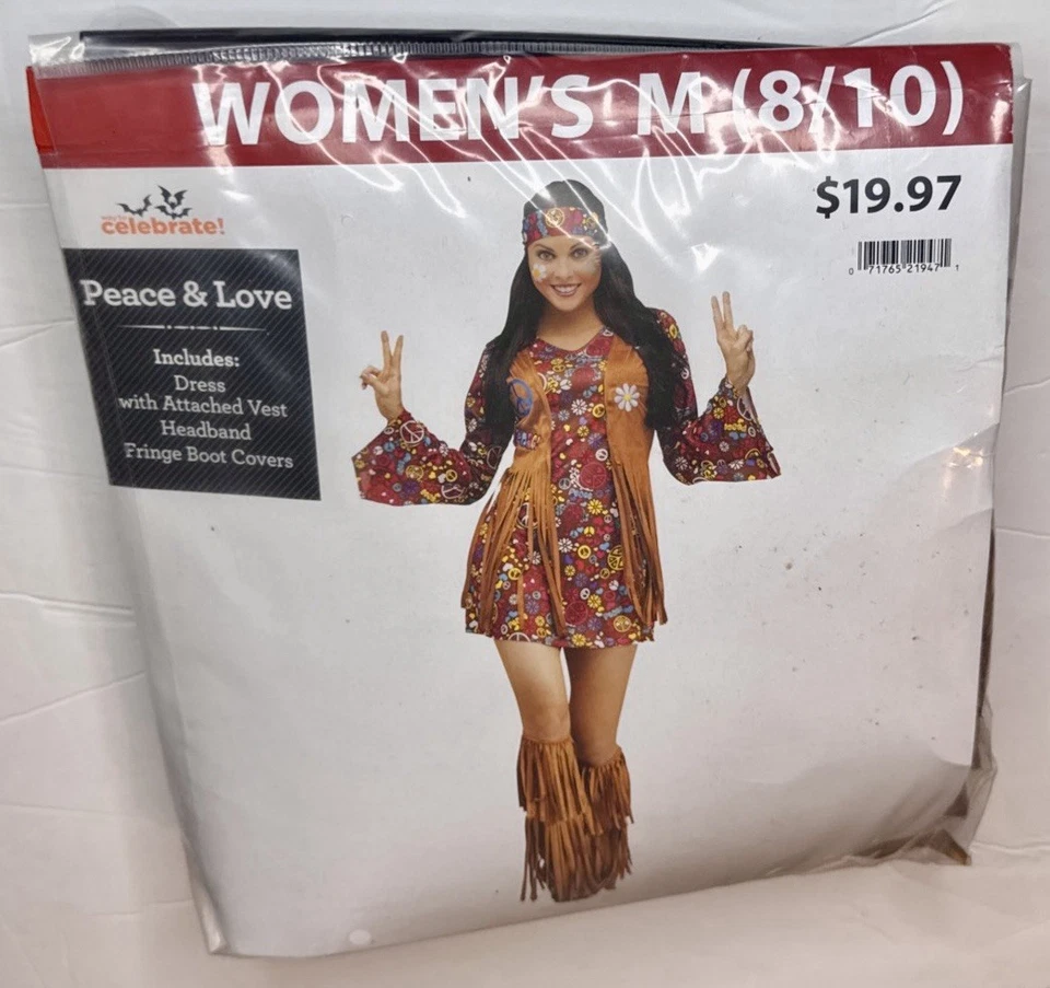 Disfraz Hippie Paz y Amor Para Mujer M (8-10) Años 60 70 Retro Vestido Diadema Flecos Foto 2 de 4