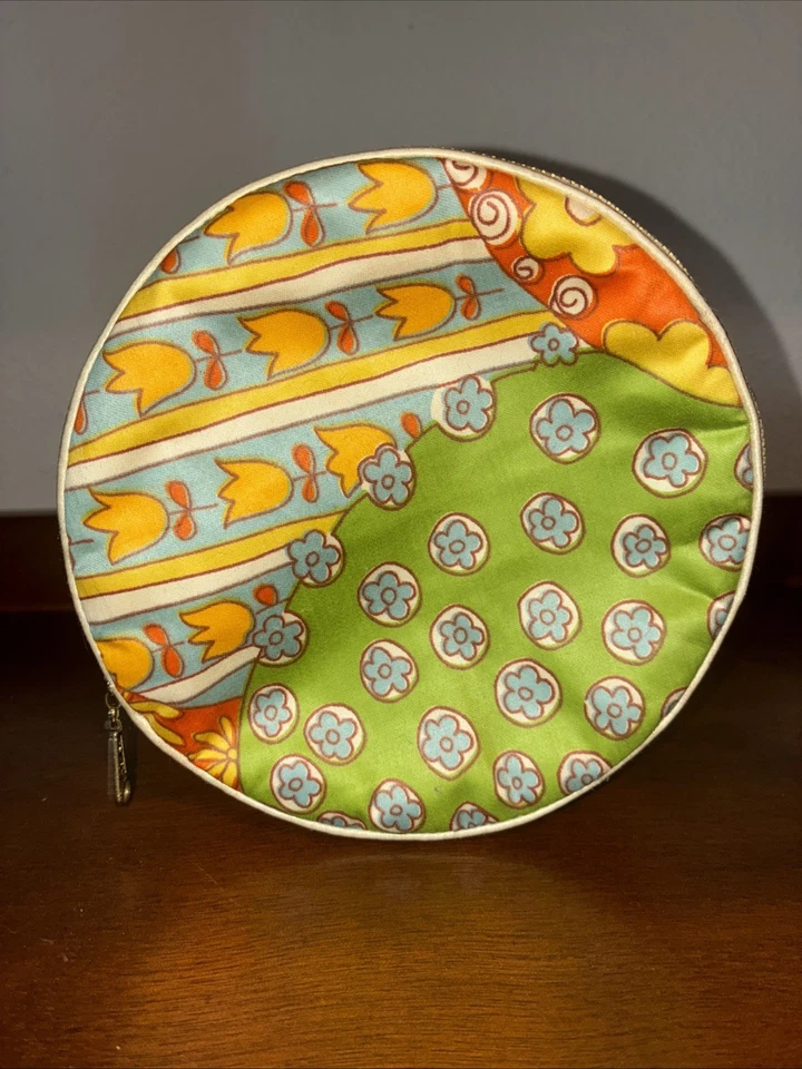 Garra Vintage Redonda Amarilla Dos Caras Flores Cosméticos Viaje Organizador Joyería Foto 2 de 4