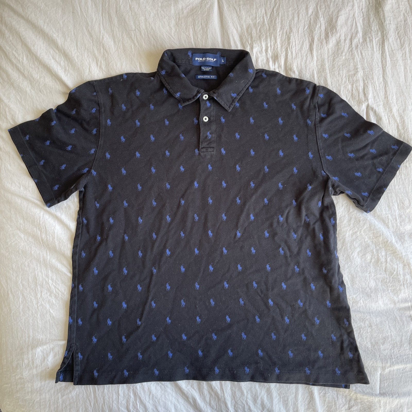 Ralph Lauren Polo Golf AOP Pony Logo Uomo Grande Nero Vestibilità Atletica Camicia