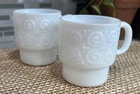 2 Vintage Hazel Atlas Hazelware White Milk Glass Scroll & Dots Embossed Mug Cups
