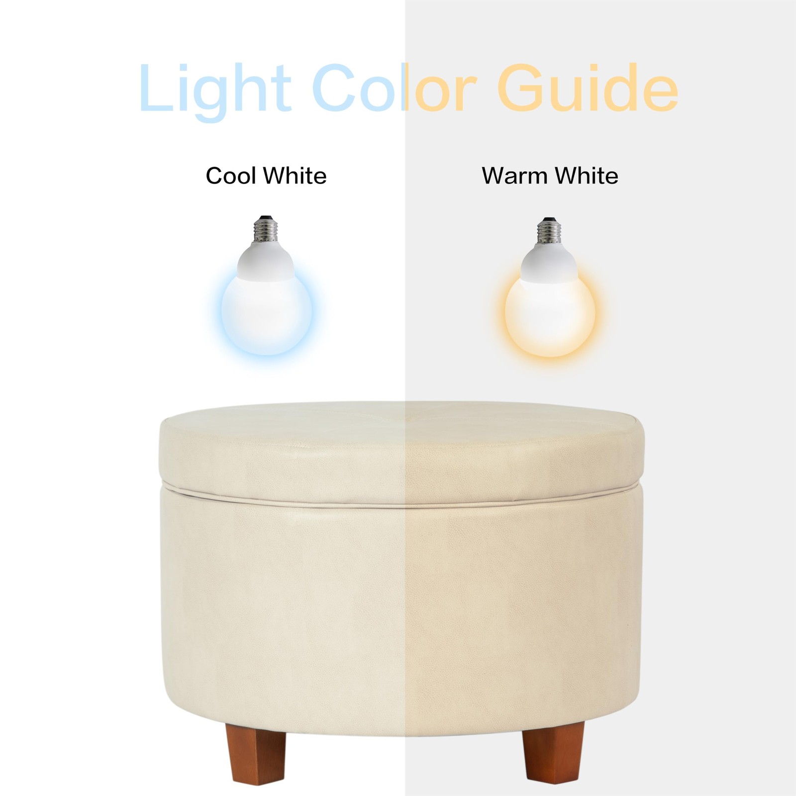 Large Leatherette Round Storage Ottoman with Removeable Lid, Cream