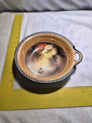 Antique Noritake Morimura Hand Painted Poppy Bowl Checker Rim Handle As Is 7''