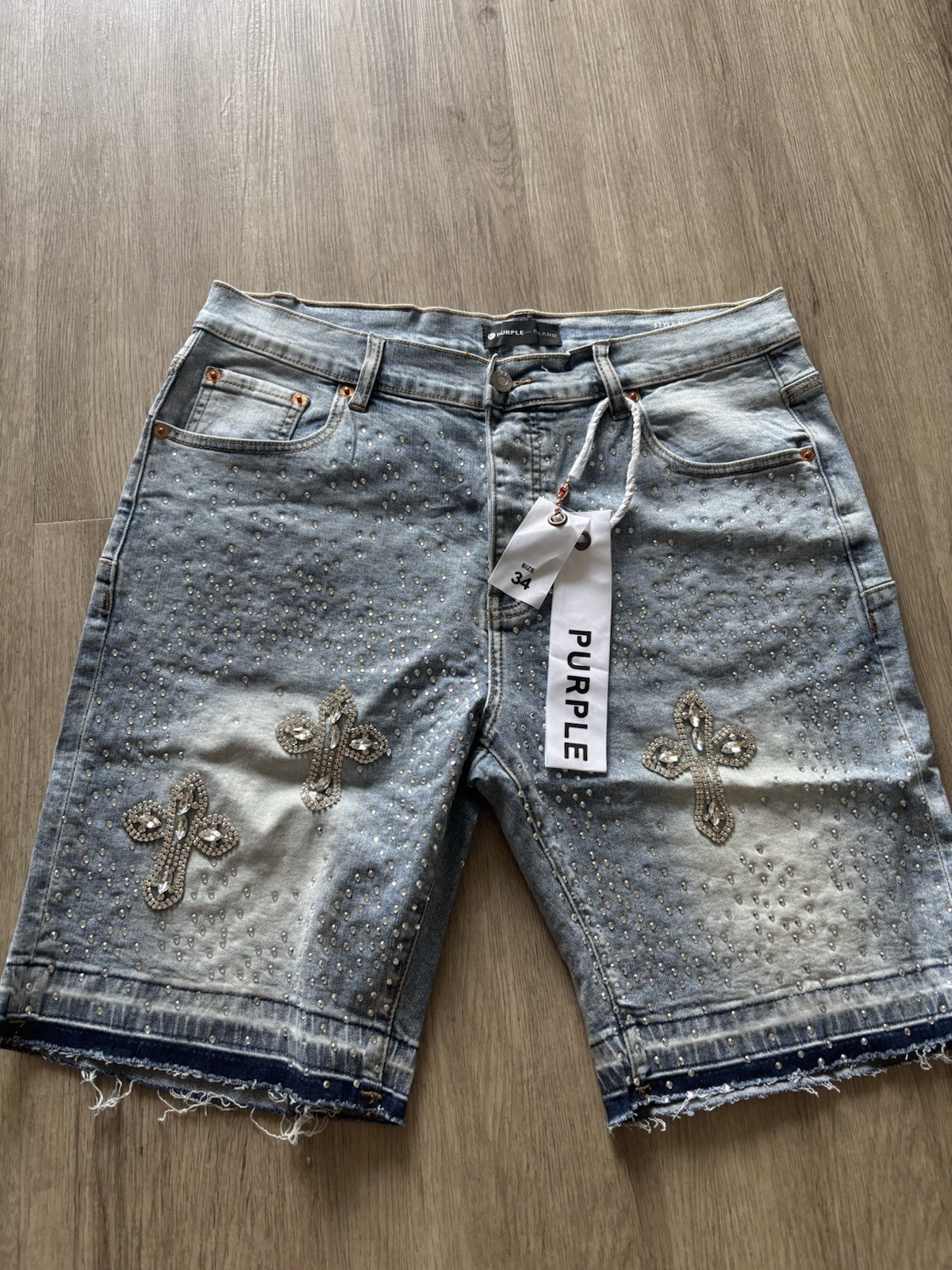 PURPLE BRAND Mens Light Wash Rhinestone Denim Shorts Sz 34
