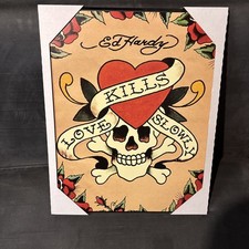 Ed Hardy LOVE KILLS SLOWLY Picture Skull Heart Roses Crystal Art Gallery New