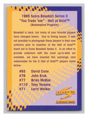 1995 SCORE Baseball Series II You Trade 'em Redemption Card Collector Trade