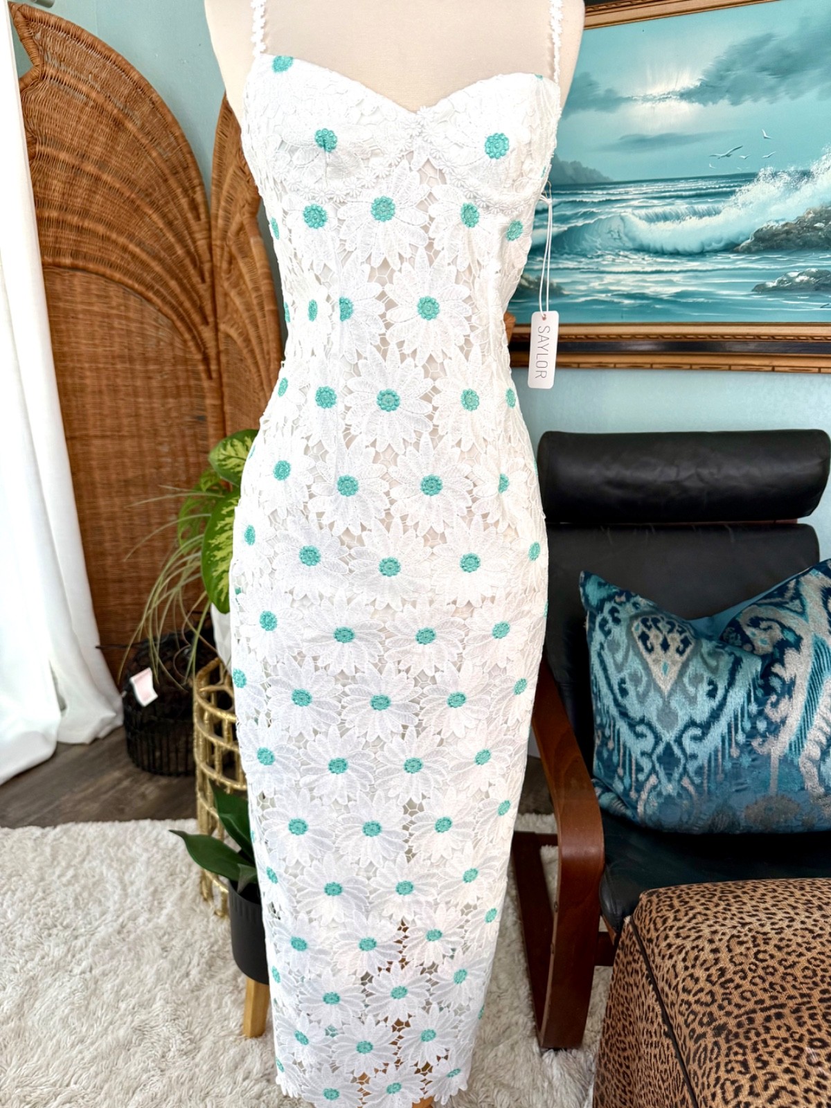 NWT Saylor Calibria White with Blue Midi Daisy Dress Lace sz xs