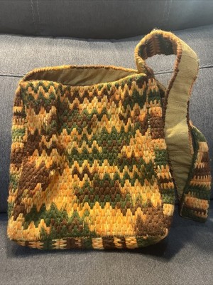 Vintage Hand Woven Knit Orange And Green Shoulder Bag Zig Zag Pattern Boho Hippi