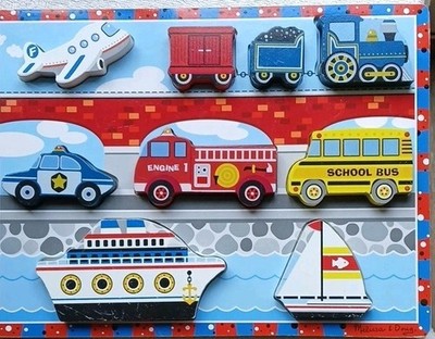 Used wood puzzle Vintage Early Learning Melissa Doug Vehicles Fire Engine Train 