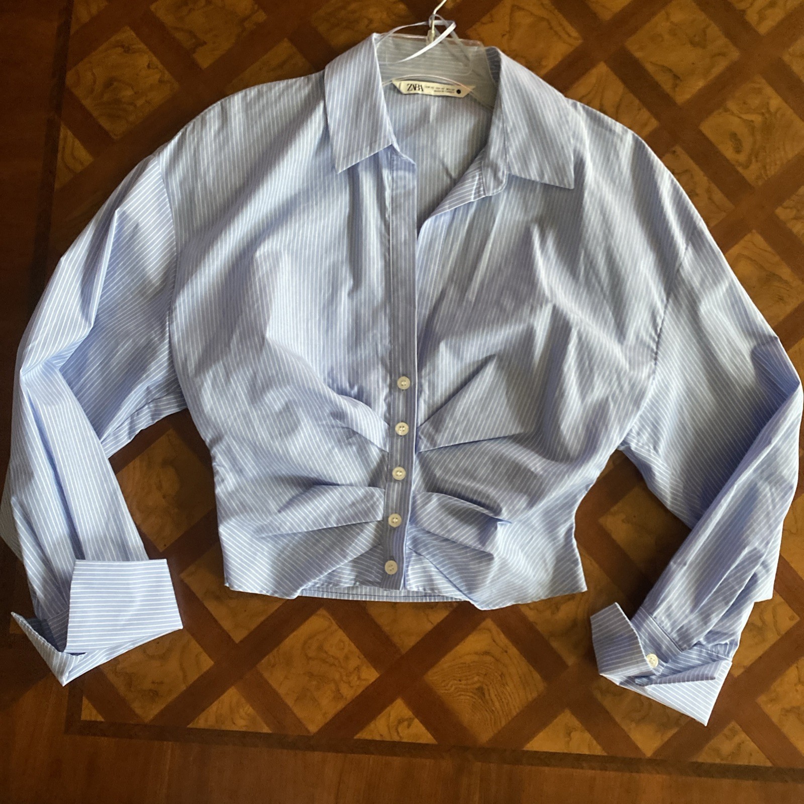 ZARA Crop Poplin Popover Shirt Button-Up Pleated Fitted Waist Pinstripe Size XS