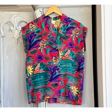 Vintage 100 Silk Tropical Print Blouse Red Cap Sleeve Button Front Size 8