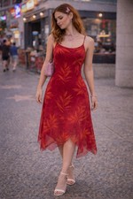 VNTG Y2k leaf burgundy orange scallop hem mesh layover slip dress fairy retro 8