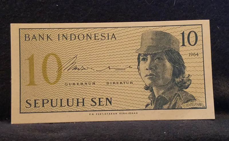 1964 Indonesia 10 sen, female volunteer in uniform, crisp UNC, P-92 (ID2)