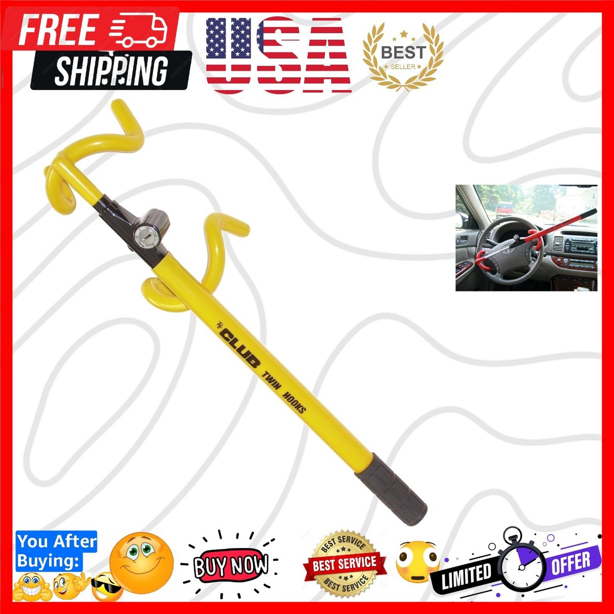 The Club 3000 Twin Hooks Steering Wheel Lock, Yellow | eBay