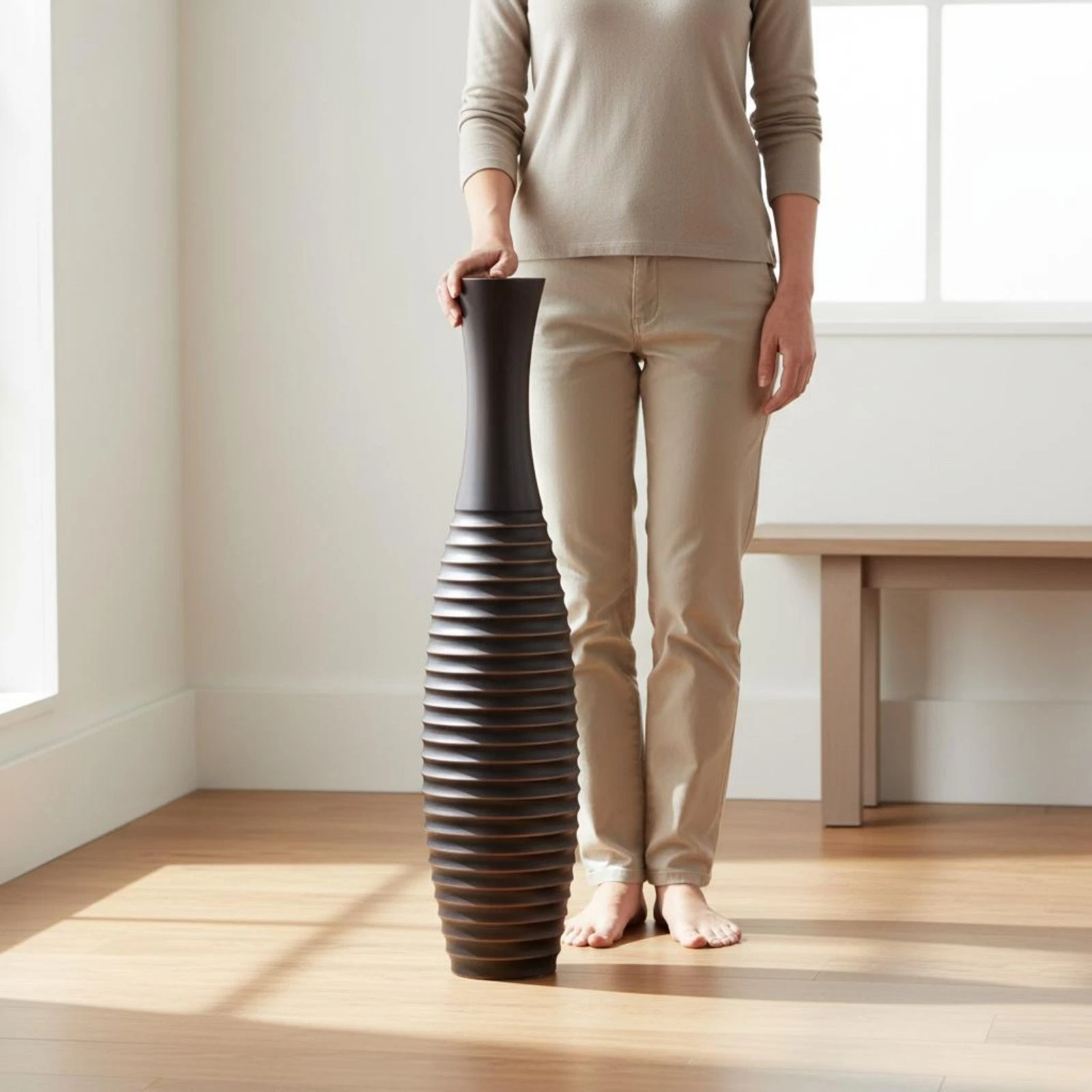 Large Ribbed Floor Vase Handmade Craft Home Decoration for Entryway, Office