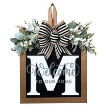 Last Name All Year Round Front Door Wreath with 26 Initial Letter Welcome Sig...