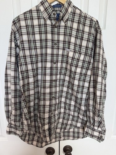Façonnable, Vintage Faconnable Plaid Button Down Shirt Size M Made In USA Cotton Brown Green