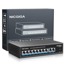 10 Port PoE Switch 8 100Mbps PoE 120W, 2 Gigabit Uplink, Unmanaged VLAN Fanless