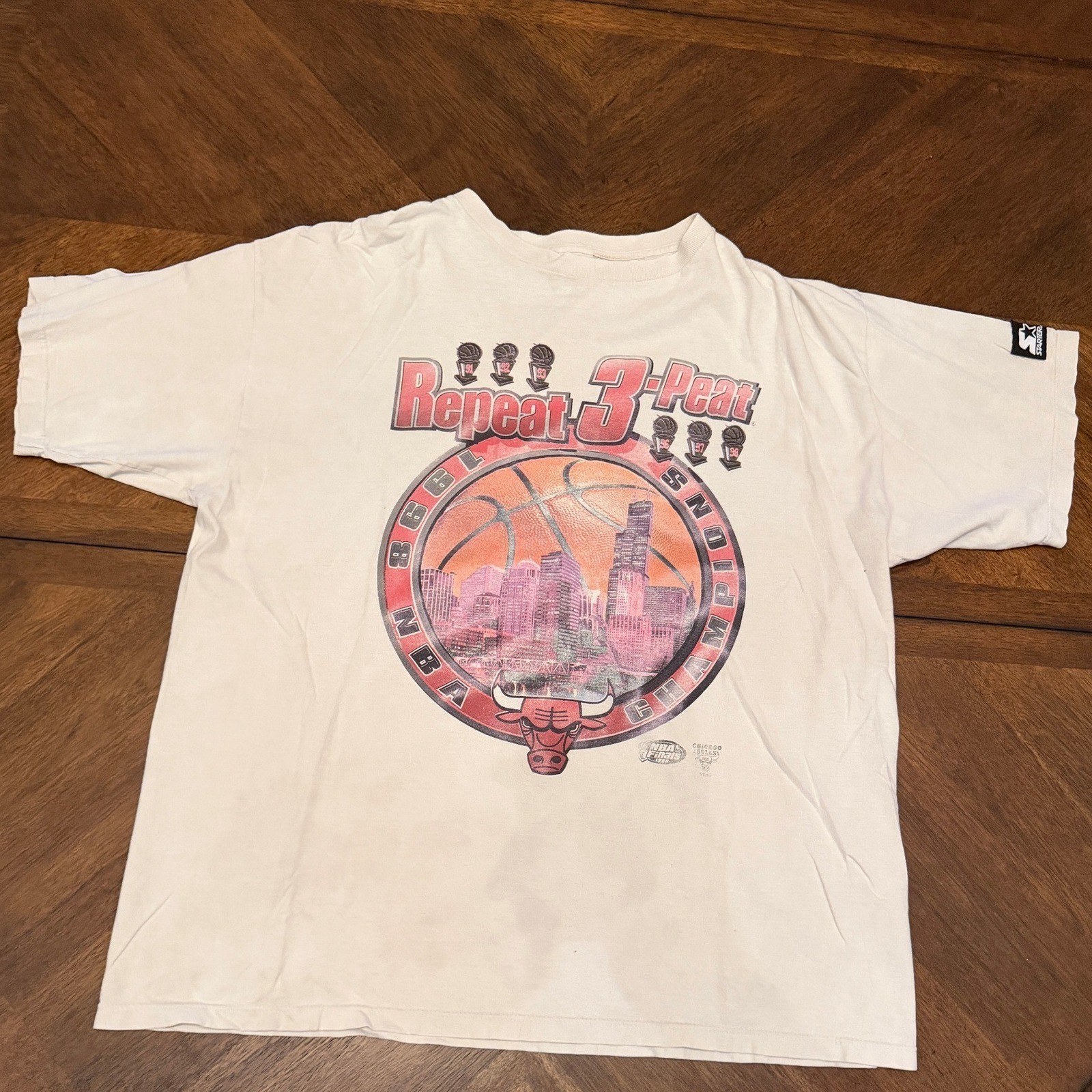 Vintage 1998 Chicago Bulls Repeat 3-Peat NBA Champions Starter Shirt White XL