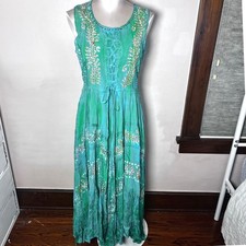 Green Renaissance Embroidered Jacquard Lace Up Maxi Dress S/M Corset Fairycore