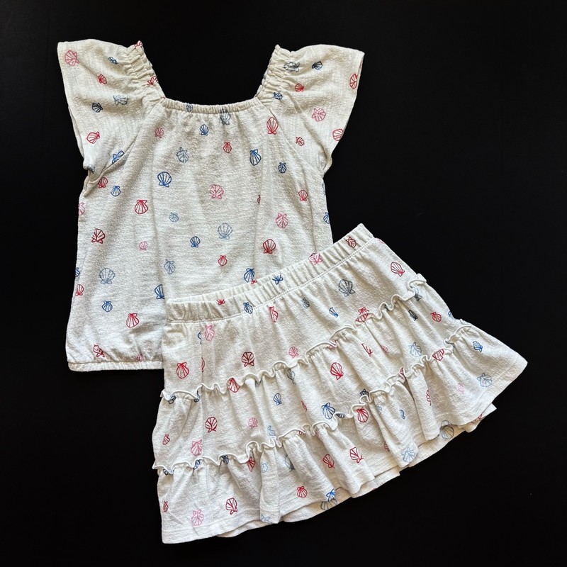 NWOT Girls S 6/7 2pc Beach Seashell Outfit White Skirt & Shirt w Red Blue Shells