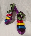 70s S. SAKOLOS MULTICOLOR STRAPS PURPLE SATIN PLATFORM ANKLE WRAP DISCO SANDALS
