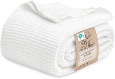 100 Cotton Blanket Waffle Weave King Size White 104"x90" Breathable Soft Thick