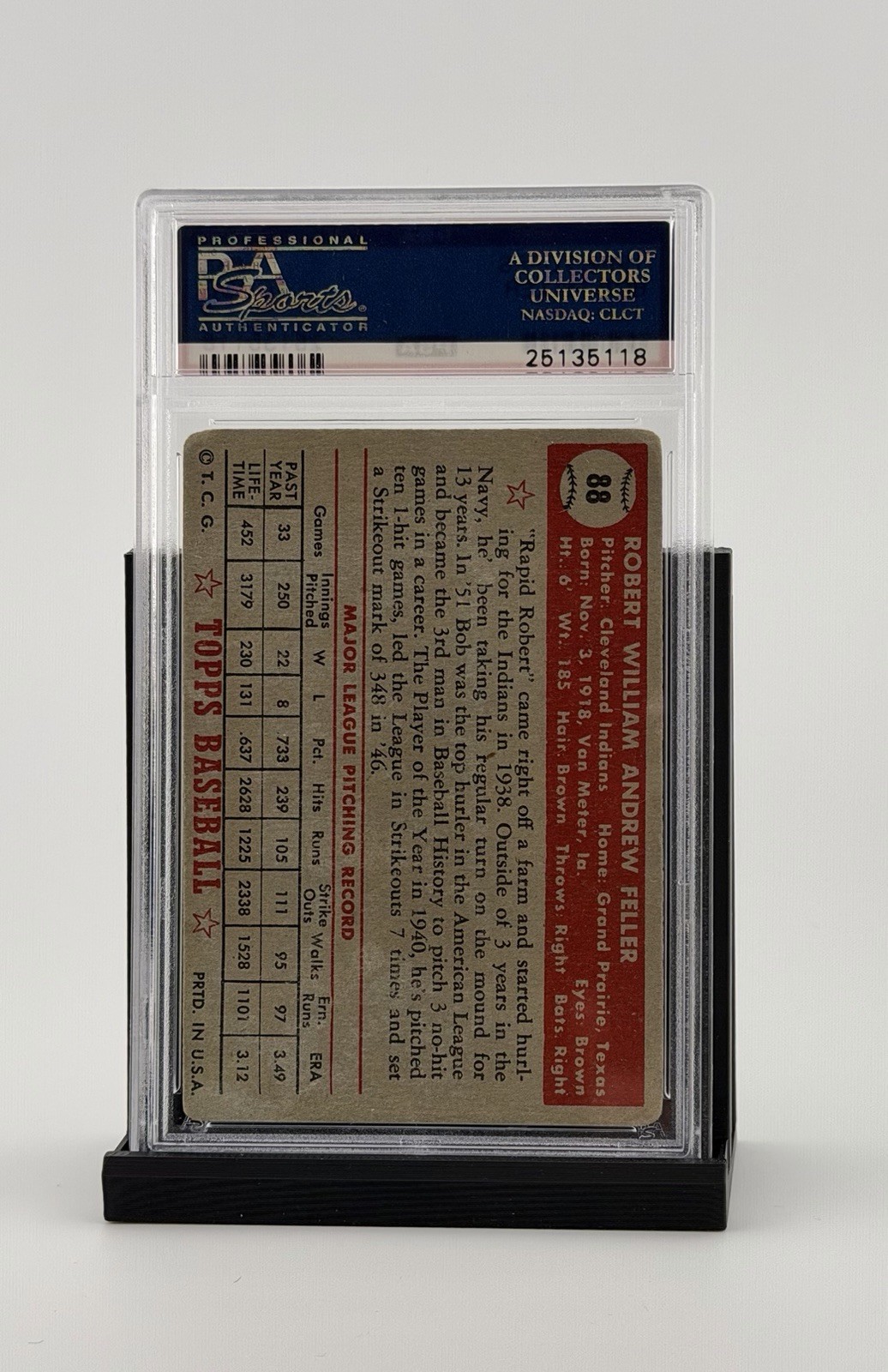 1952 Topps - Bob Feller #88 HOF Indians - PSA 2 view 2