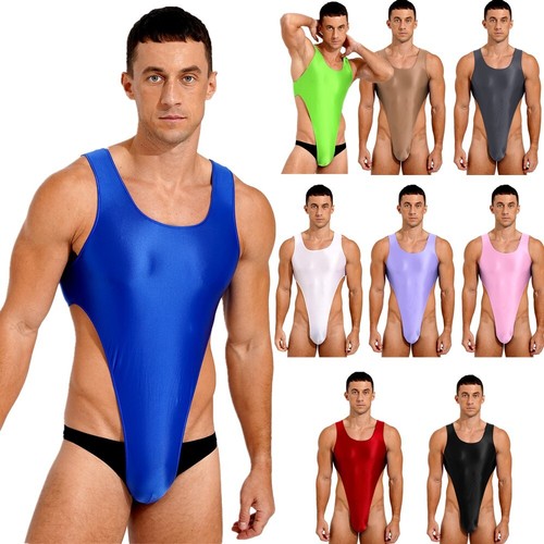 US Mens Glossy One Piece Bodysuit Leotard High Cut Thongs Wrestling Singlet - Picture 5 of 332