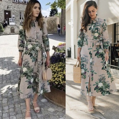 NEU ZARA BRAUN BEIGE WEISS GESTREIFT FORAL PRINT MIDI SHIRT KLEID GRÖSSE M 10 12