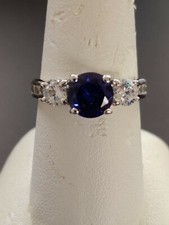 925 Sterling Silver White Blue CZ 3-Stone Ring and Side Round CZs Size 8