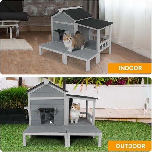 Casa para gatos al aire libre de madera de 2 pisos refugio para gatitos impermeable con balcón grande escape - Imagen 5 de 6