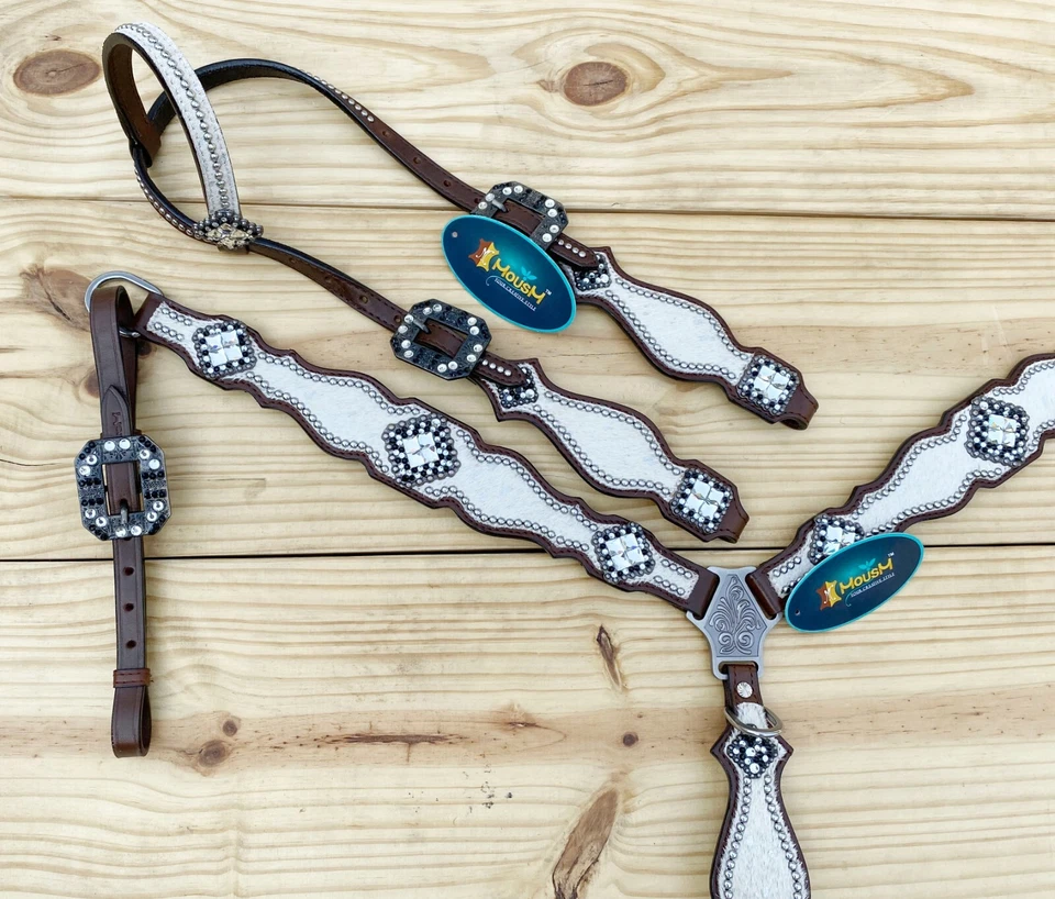MOUSM Western Leather Headstall and Breast Collar Tack Set for Horses - White - Image 2 of 4