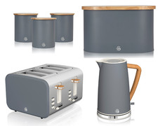 Swan Nordic Grey Kettle 4 Slice Toaster Bread Bin & 3 Canisters Kitchen Set of 6