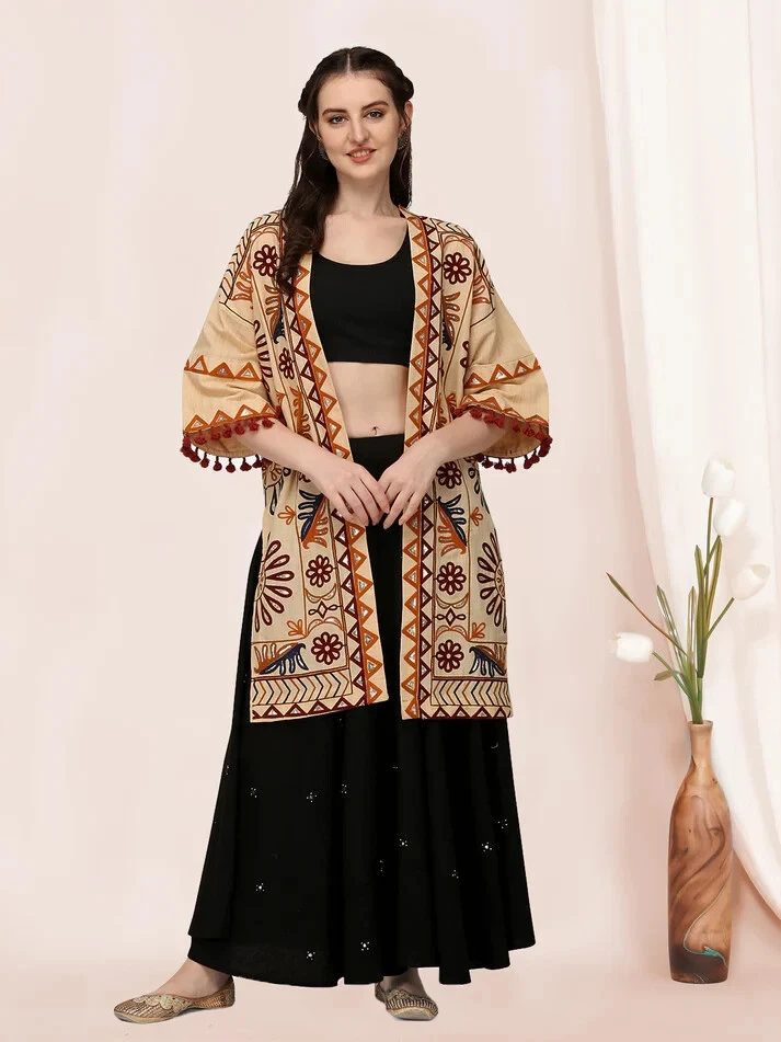 Asian Indian Traditional Jacket Beige Ethnic Embroidered Long Shirt | eBay