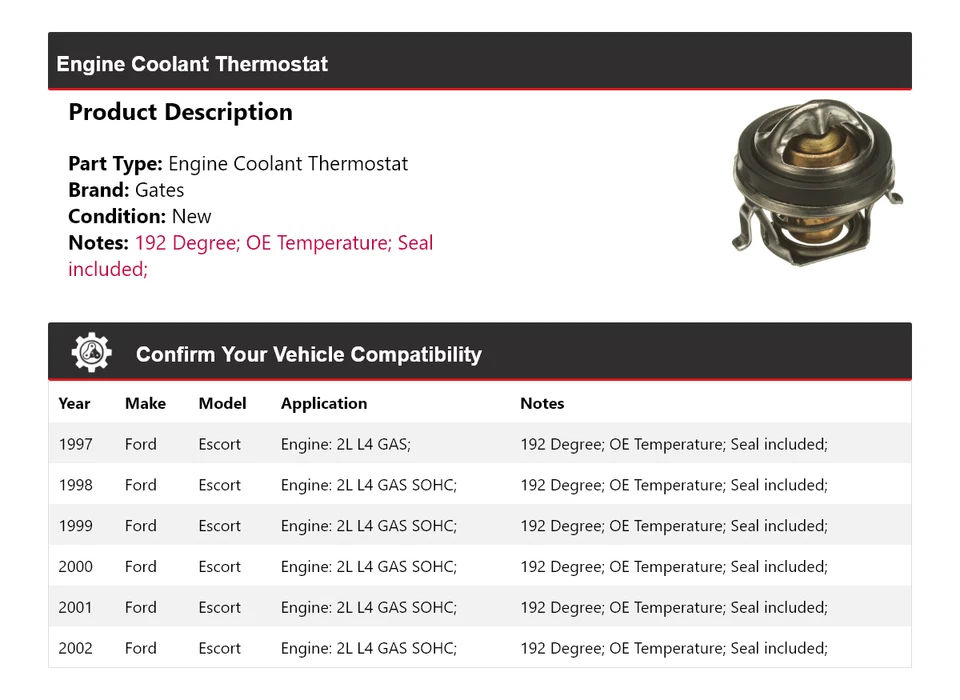 For 1997-2002 Ford Escort Engine Coolant Thermostat Gates 1998 1999 2000 2001 - Image 2 of 4