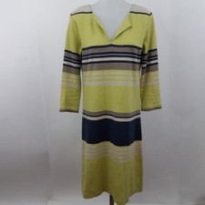 Joan Vass Dress 0 Green Blue Striped Shift A-line V-neck Brown Lime Navy Size 0