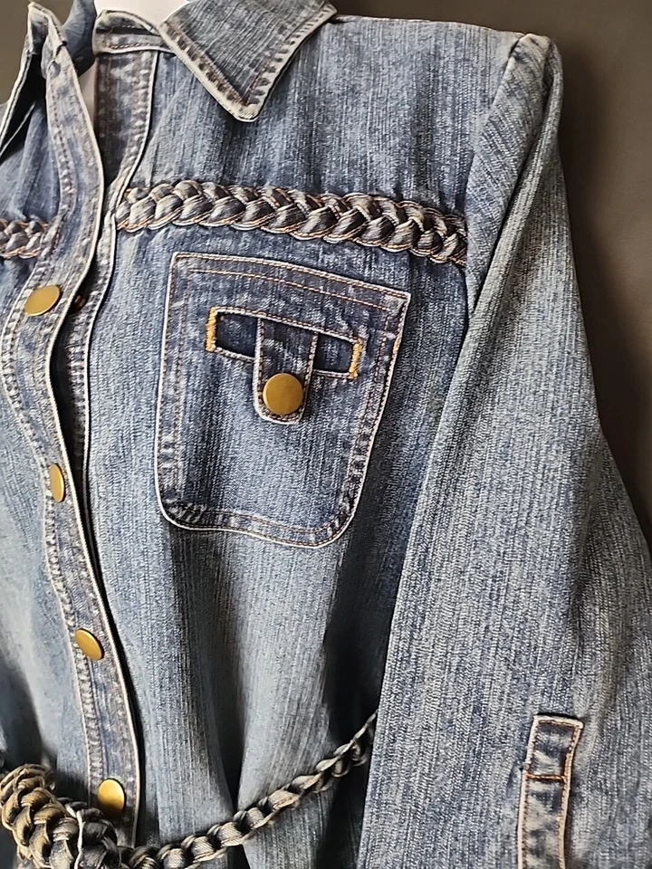 Vestido De Colección Moda Internacional Azul Denim Talla 6 Midi Cinturón Trenza Acento Prioridad Foto 4 de 4