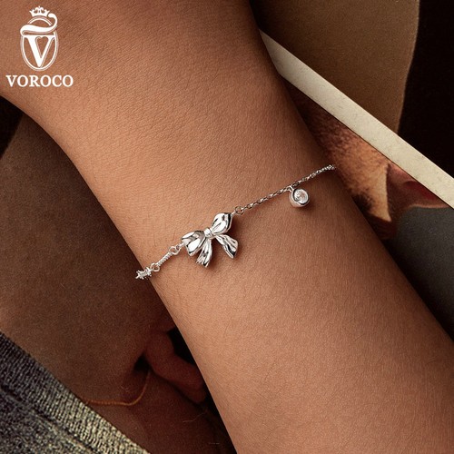 Voroco Sweet 925 Sterling Silver Bowknot Cz Bracelet Chain Women Gifts Jewelry - Picture 6 of 16