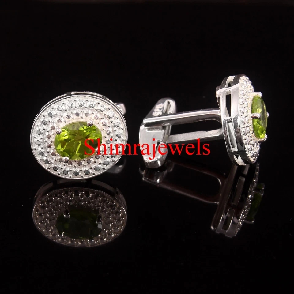 Natural Peridot Gemstone With 18K White Gold Plated Silver Cufflinks #432 - Image 2 of 4
