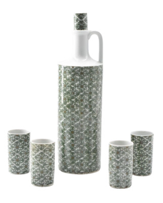 Masahiro Mori Hakusan Porcelain Liquor Sake Set Decanter Shot Glasses Arabesque