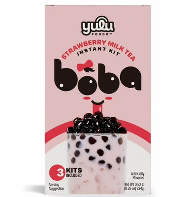 Yulu Foods Instant Boba Strawberry Milk Tea, Bubble Tea Kit, 3 Drinks
