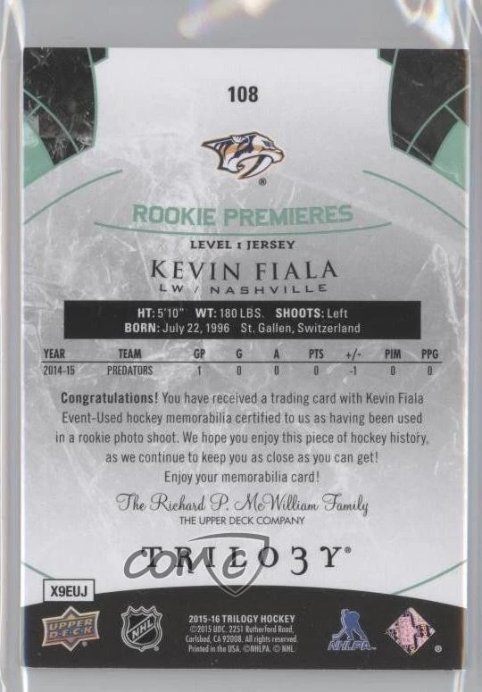 2015 Trilogy Premiere Green Rainbow Foil /599 Level 1 Kevin Fiala #108 Rookie RC - Image 2 of 2