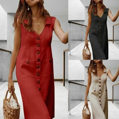 Women Boho Cotton Linen Button Summer Dress Ladies Midi Dress V Neck with Pocket - Image 1 of 4