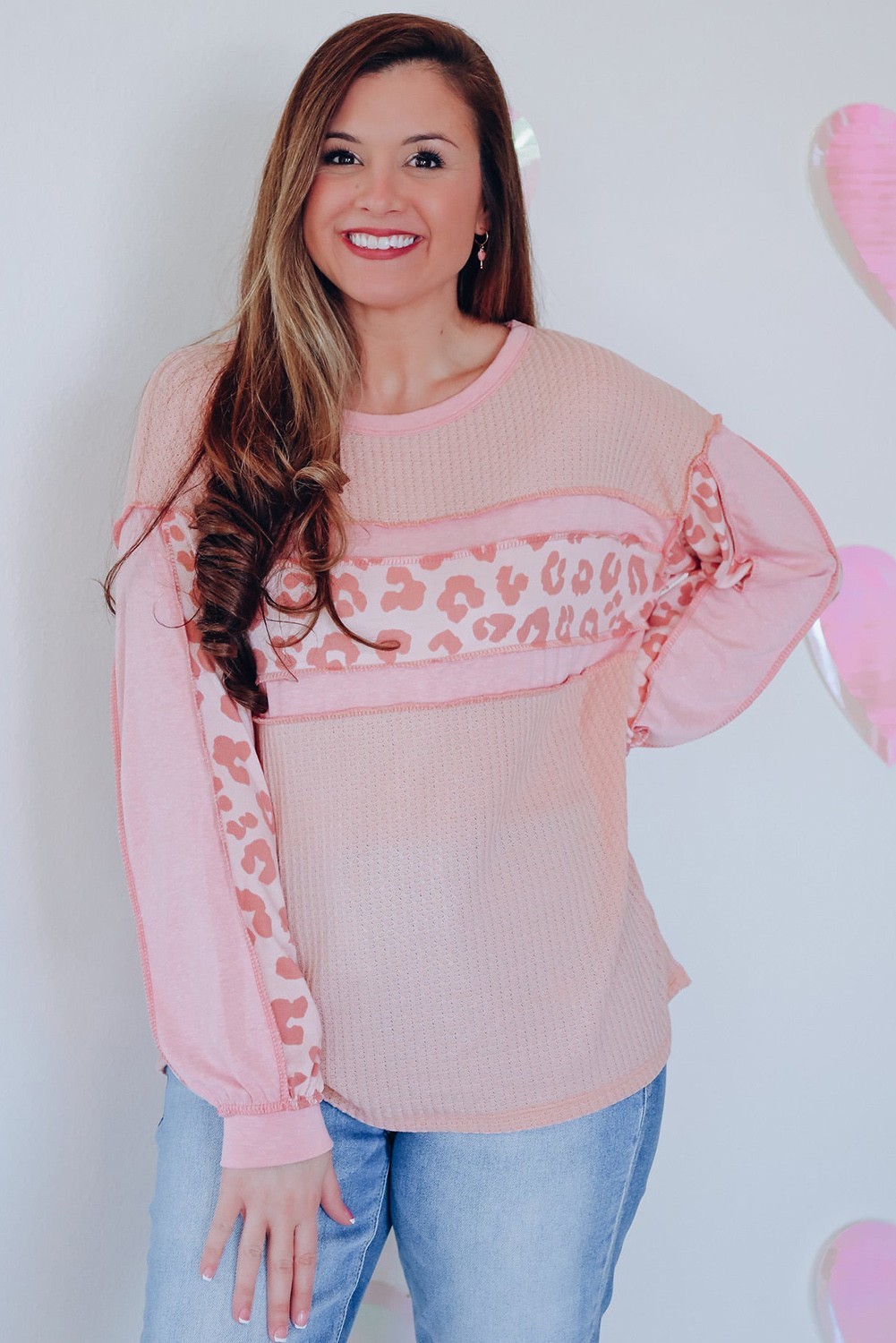 Pink Leopard Patchwork Top L Exposed Seam Waffle Knit Long Sleeve UK Size 14 image 4