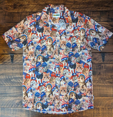Tipsy Elves Patriotic Cats/Kittens Button Up Short Sleeve Shirt Size Large